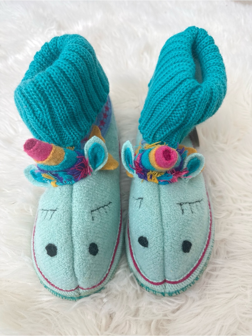 Garnet Hill Teal Knit-Cuff Unicorn Slipper Boots with Aqua Plush